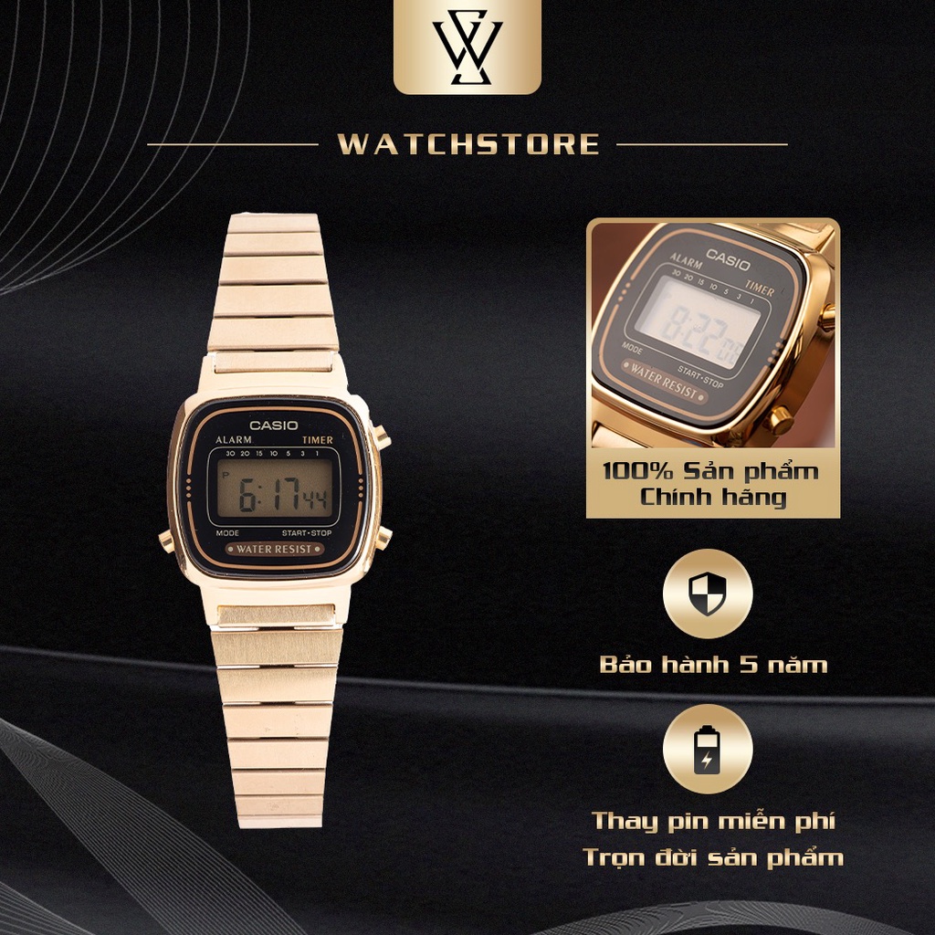 Đồng Hồ Điện Tử Nữ Casio WATCHSTORE LA670WGA-1DF Thiết Kế Mặt Kính Nhựa 24.6 mm, Dây Đeo Kim Loại Màu Vàng Trẻ Trung