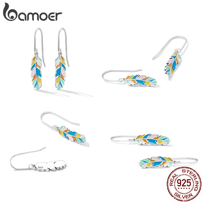 Đôi khuyên tai Bamoer bạc 925 SCE1398 hình lông vũ nhiều màu tùy chọn thời trang