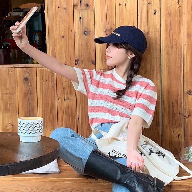 Áo dệt kim ZHELIHANGFEI ngắn tay cổ tròn họa tiết ca rô phong cách Hàn Quốc dành cho nữ