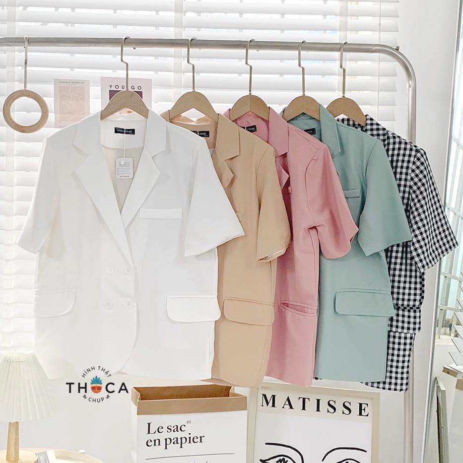 Áo khoác vest đen tay ngắn túi nấp 4 nút kiểu THOCA HOUSE blazer công sở chuyên nghiệp, sang trọng