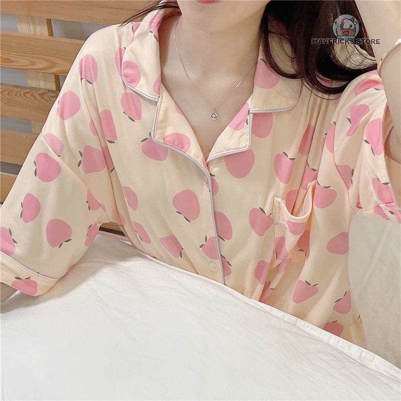Bộ đồ ngủ hai món họa tiết trái đào dễ thương thời trang mùa hè dành cho bạn nữ