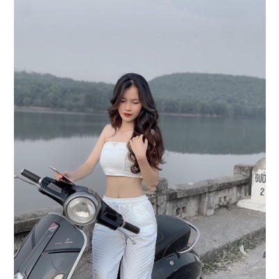 Sét bộ đồ nữ gân nổi phối áo croptop trễ vai cá tính kèm quần tôn dáng trẻ trung sang trọng thanh lịch siêu xinh