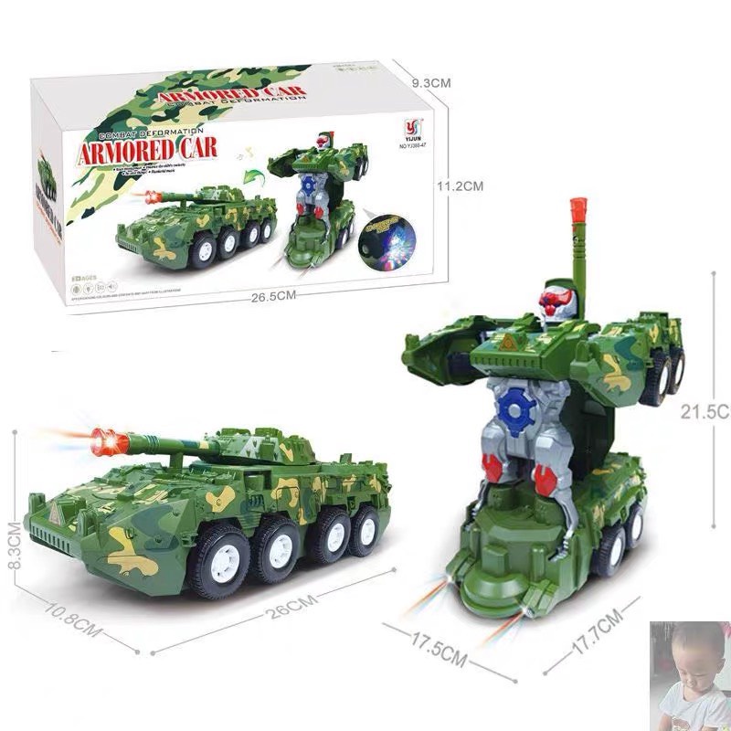 Xe tăng biến hình robot tự động cho bé có đèn sáng
