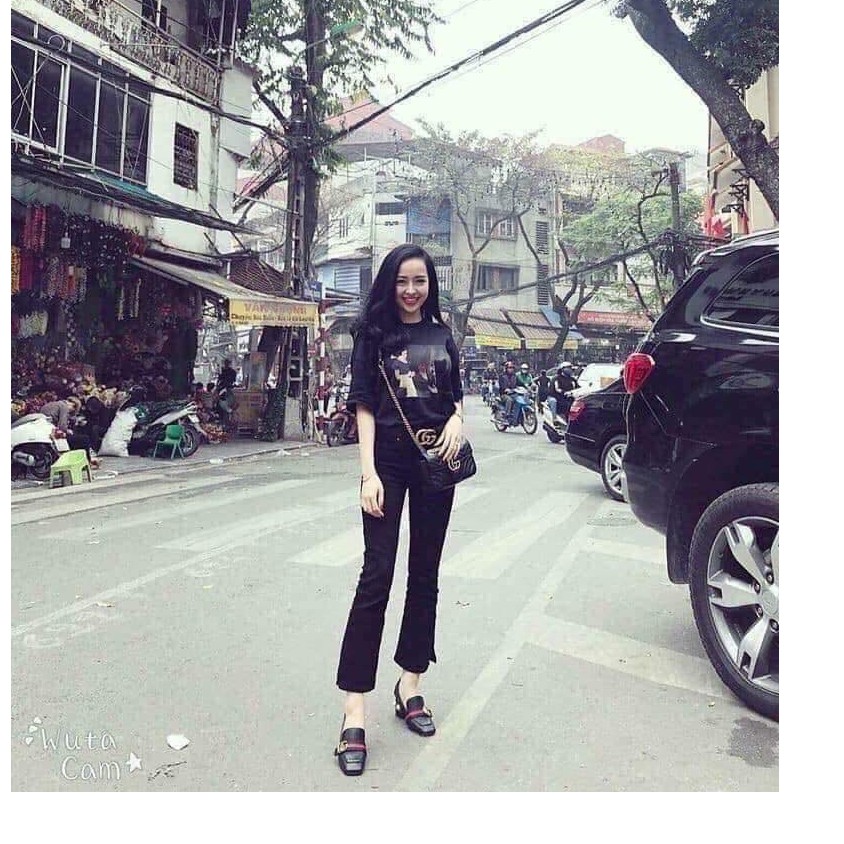 quần jean nữ dài lưng cao ống loe màu đen tua JOL01