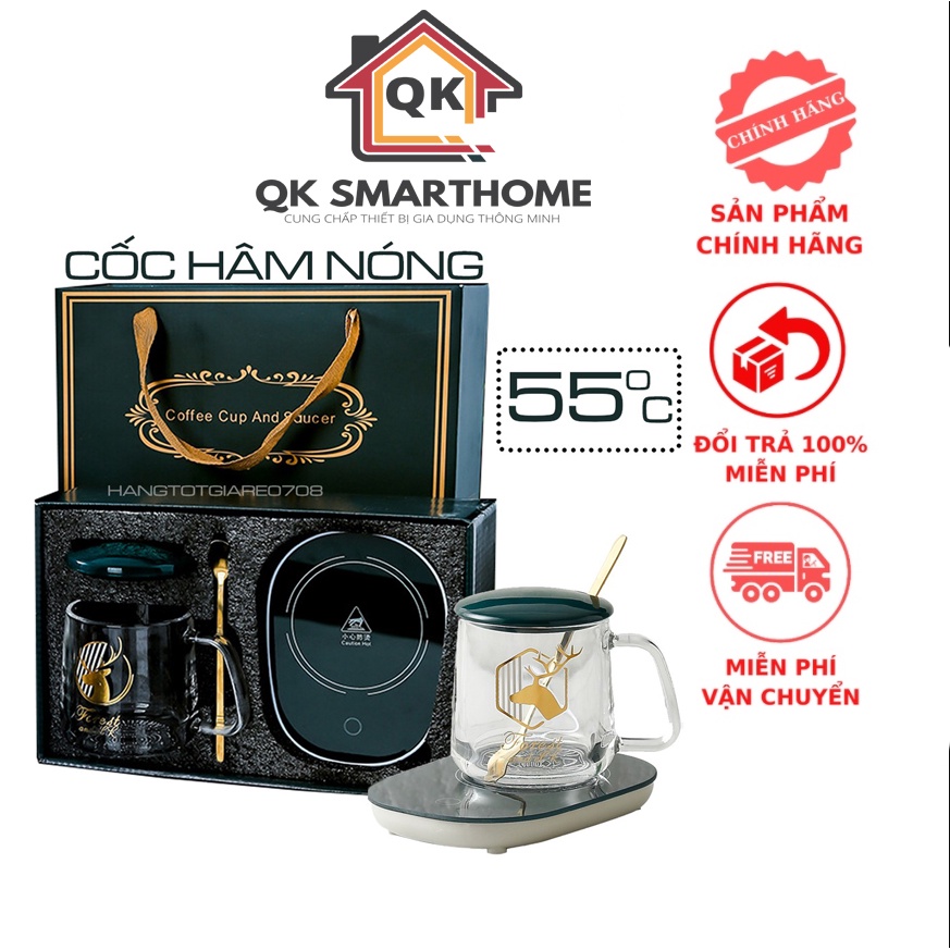 Bộ Cốc Hâm Nóng Bằng Thủy Tinh, Ly Thủy Tinh Kèm Đế Điện Hâm Nóng Cafe, Sữa, Trà + Tặng Thìa Mạ Vàng Cao Cấp