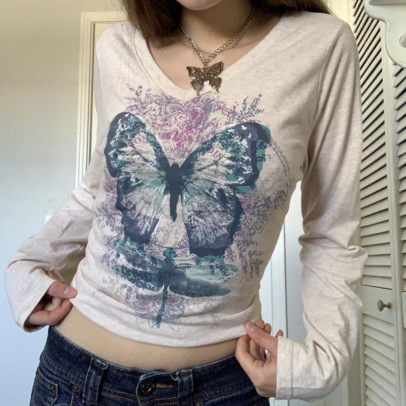 Women's V-neck Butterfly Printed Long Sleeve T-shirt New Korean Fashion