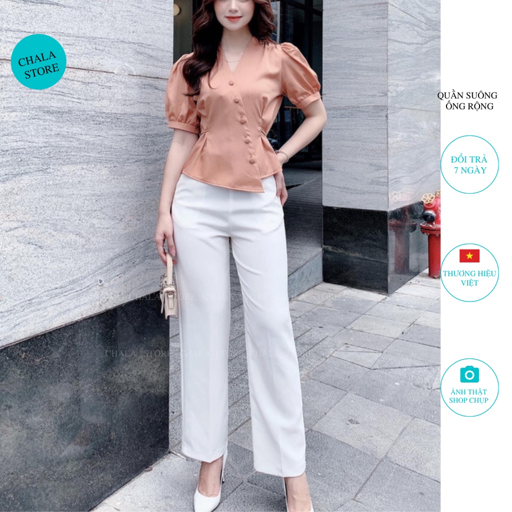 Quần ống rộng nữ lưng cao khóa sườn dáng suông dài phong cách công sở đi học