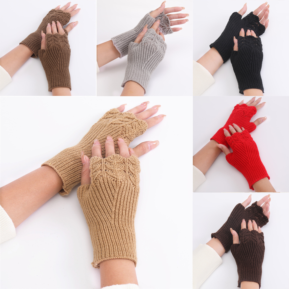 Găng tay len dệt kim hở ngón giữ ấm tiện dụng cho nữ