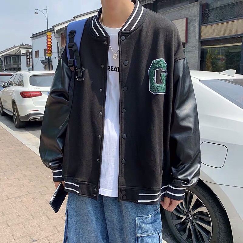 Áo khoác varsity jacket bóng chày nam dáng rộng chất dạ mix da huy hiệu Ulzzang siêu chất ❤️