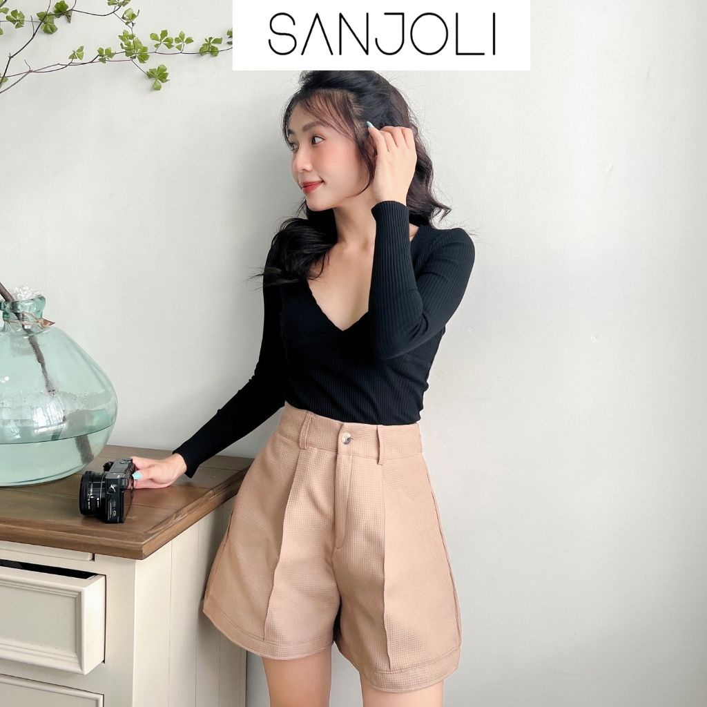 Quần Short Nữ Ông Rộng Lưng Cạp Cao Xốp Nhẹ Đẹp Ulzzang Phong Cách Trẻ Trung Màu Nâu Đen SANJOLI QD008