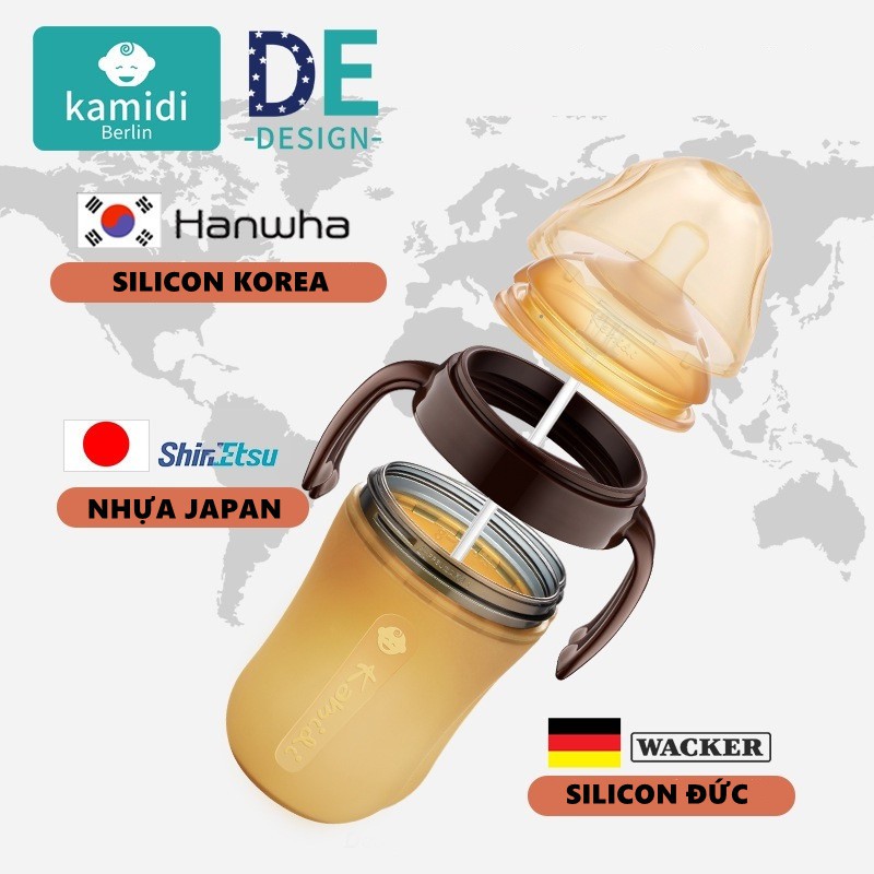 Bình Sữa Silicon KAMIDI ppsu Silicon korea với Silicon đức 150/250 ML, Không BPA, Núm Ti Silicon Mô Phỏng Đầu Ti MẸ