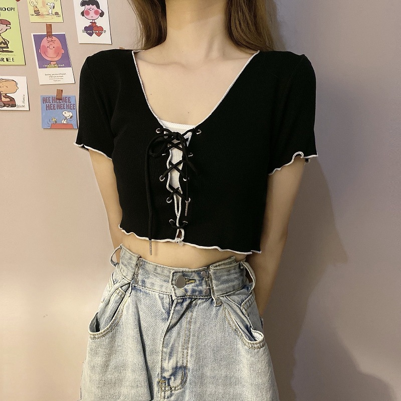 Áo Croptop Viền Chỉ Cổ V Phối Dây Cột | Áo croptop cột nơ - | [Ảnh thật cuối]  | steven.factory