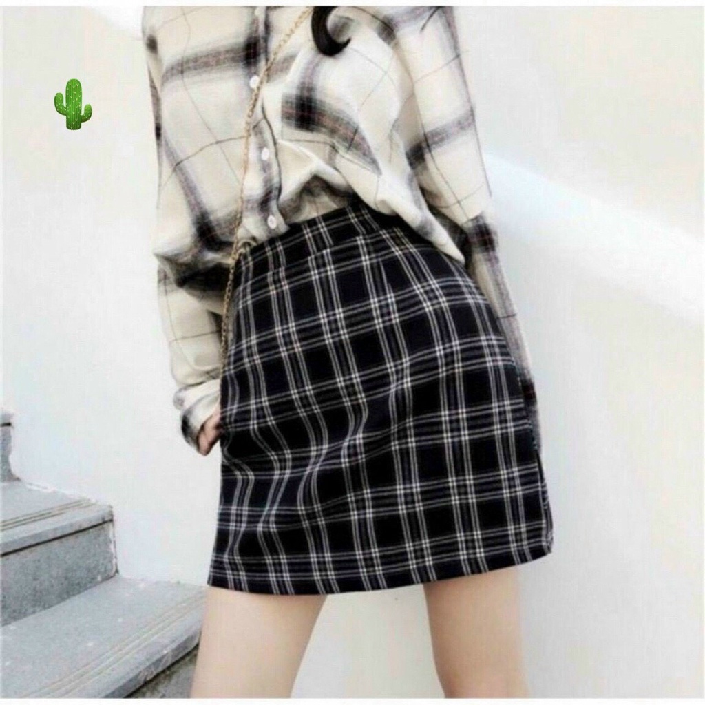 Chân váy chữ A phối màu caro có lót cực xinh , chất kate dệt dày dặn