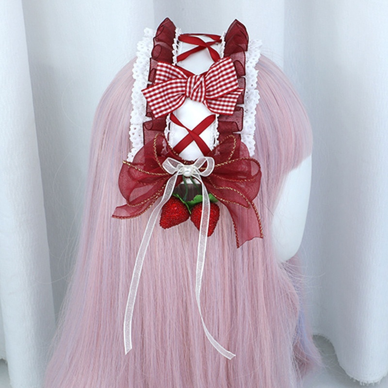 Băng Đô Hình Nơ Họa Tiết Dâu Tây Thanh Lịch Dùng Hóa Trang / Trang Điểm / Phát Sóng Trực Tiếp