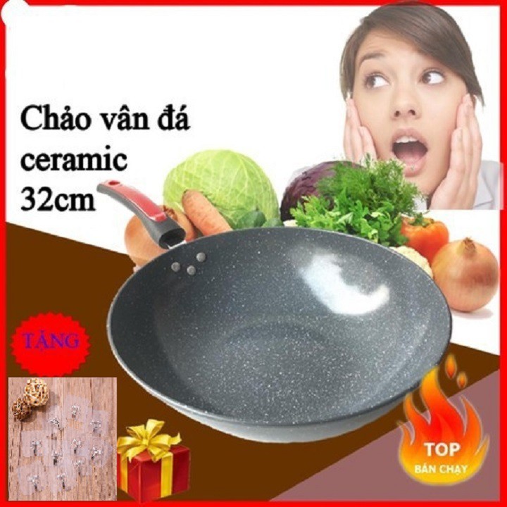 [XẢ HÀNG 3 NGÀY] Chảo chống dính vân đá sâu lòng 32cm tặng 10 miếng dán tường chịu lực