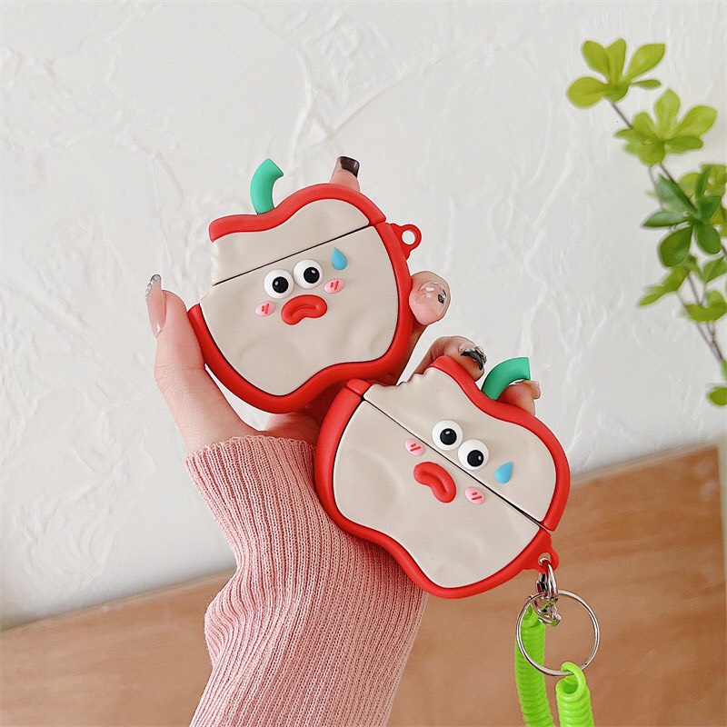 Ốp Bảo Vệ Tai Nghe Case Airpods 1 2 3 Pro Hình Trái Táo Đỏ Kèm Dây Đeo Xanh Vui Nhộn Chất Liệu Silicone