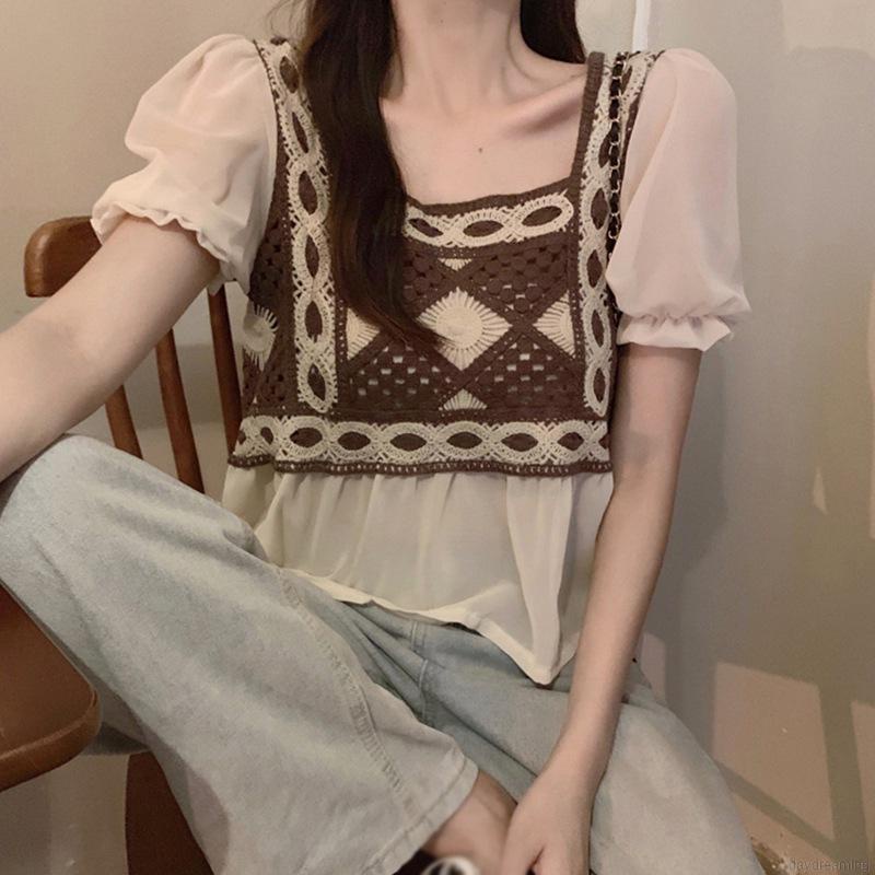 Áo kiểu tay phồng ngắn thêu họa tiết khoét lỗ phong cách vintage xinh xắn cho nữ
