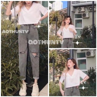 -Áo thun croptop form rộng cổ tim
