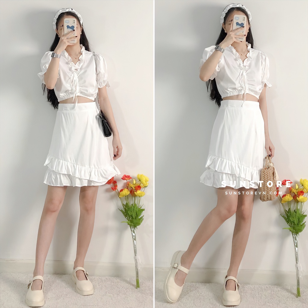 Set đồ nữ croptop ôm body có chun rút kéo và chân váy lưng thun co giãn có lớp lót MinTo Set màu trắng