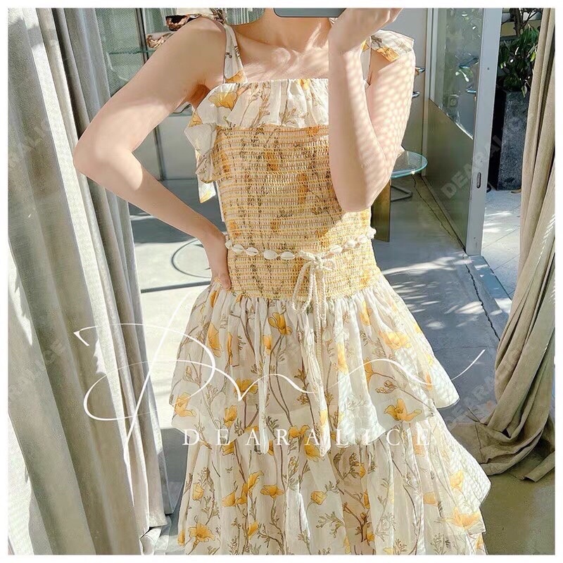 Đầm xoè xếp ly BẠCH LỘC thắt nơ ống trên cùng váy hoa của phụ nữ một từ cổ áo thun eo váy bánh