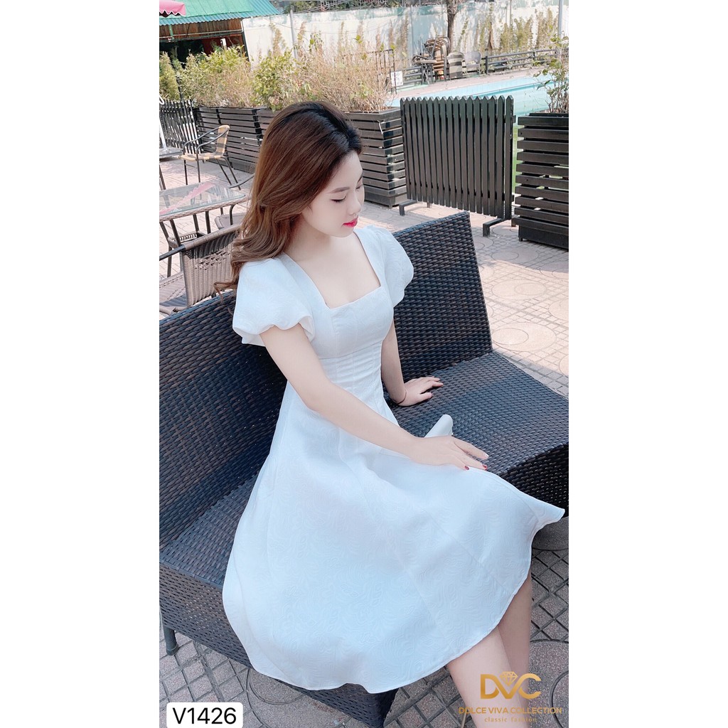 Váy xòe trắng cổ chữ U V1426 - Đẹp Shop DVC (Kèm ảnh thật trải sàn do shop tự chụp)
