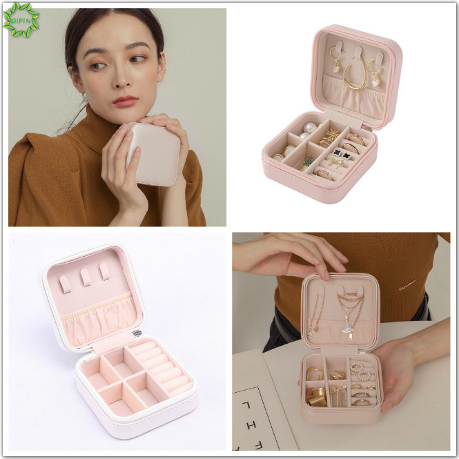 Cod Qipin Korean Double Layer PU Leather Portable Acessory Earrings Jewelry Necklace Ring Storage Box Case