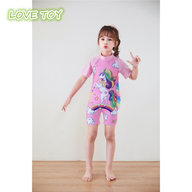 Bộ Đồ Bơi 2 Món Ngắn Tay In Hoạt Hình Kỳ Lân Kèm Mũ Dễ Thương Cho Bé Gái