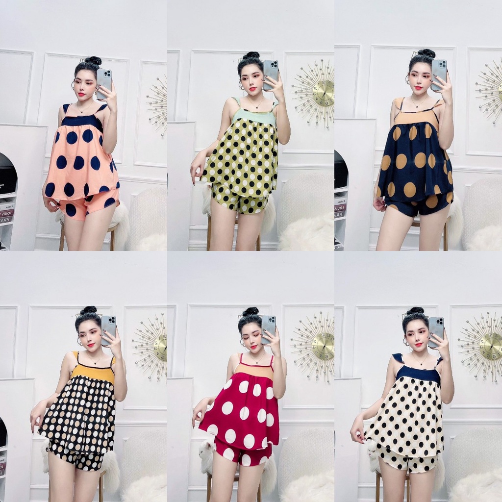 set đồ ngủ 2 dây cánh tiên chất liệu lụa hàn họa tiết chấm bi phối màu freesize dưới 57kg