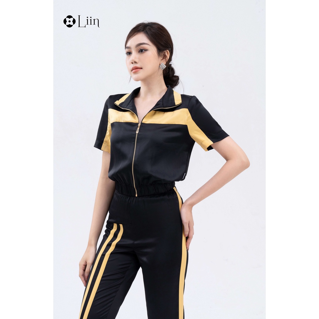 Set thể thao linbi cộc tay thiết kế kéo khóa đen phối vàng kiểu dáng năng động liin clothing ST0004