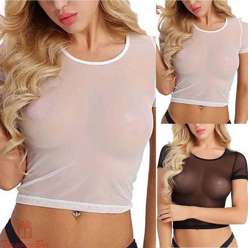 Womens Tops Round Neck See-through Sexy Sheer Short Sleeve Ladies Mesh