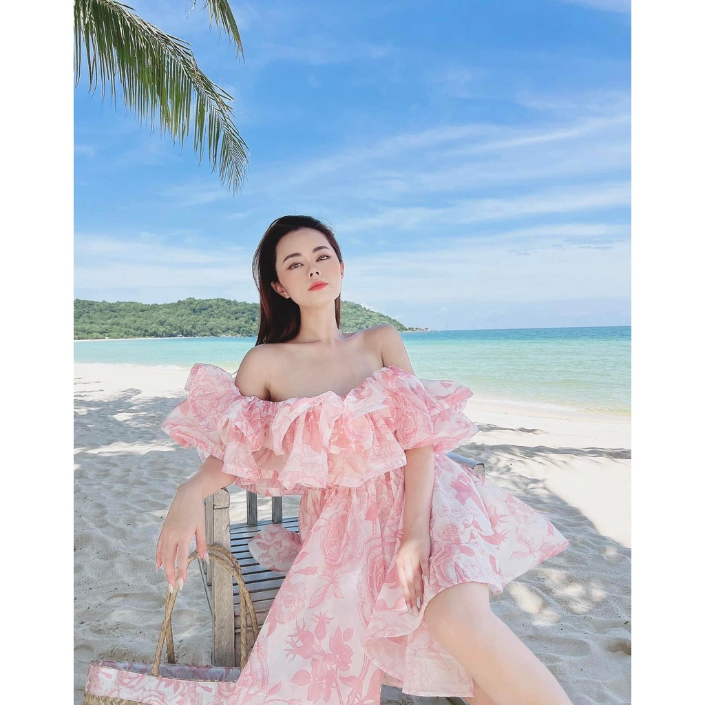 Váy tơ trễ vai xanh + hồng