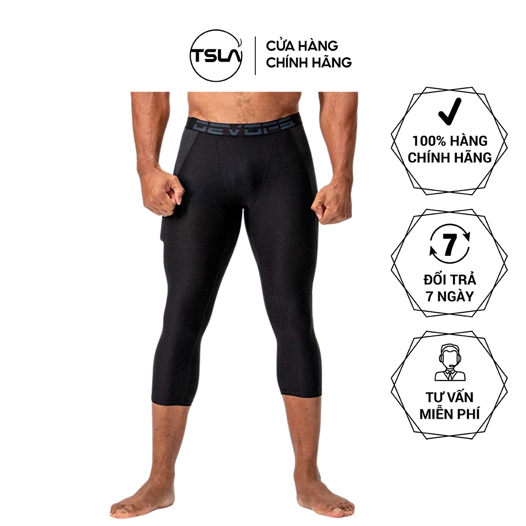 Quần legging thể thao nam lửng Devops đen có túi tập gym bó cơ sát ôm đùi cạp cao lưng thun đá bóng yoga