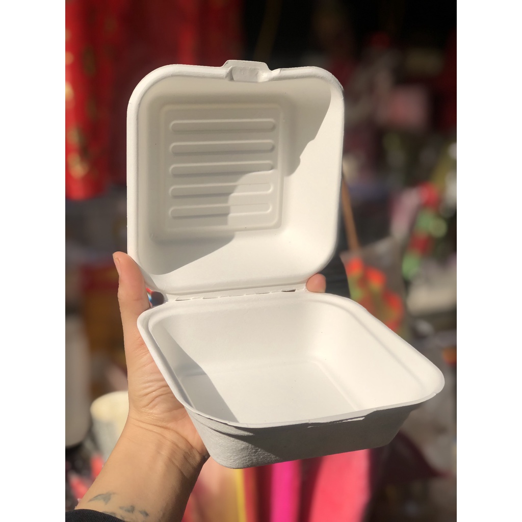 50 cái hộp bã mía hình vuông màu nâu hoặc trắng dùng đựng bánh đồ ăn các loại