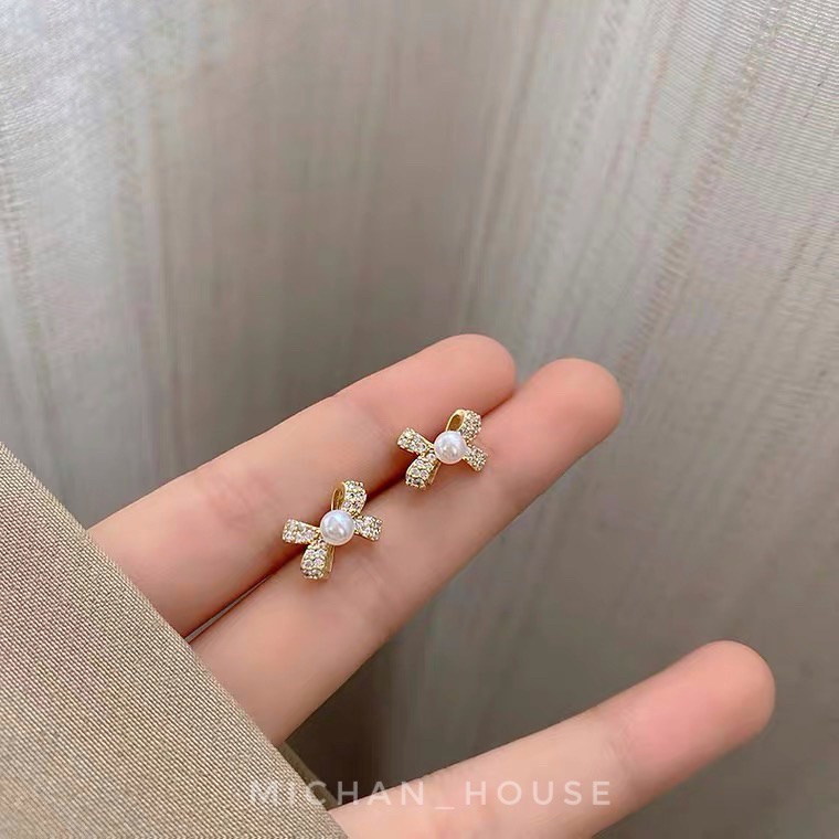 Hoa tai hình nơ đính hạt xinh xắn, phụ kiện cưới cho cô dâu