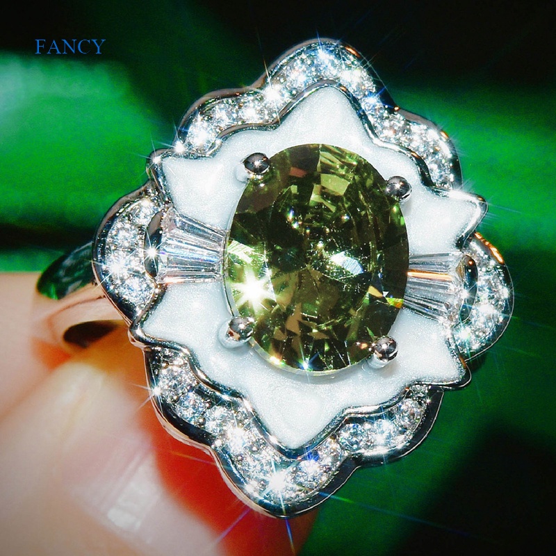 Nhẫn Đính Hôn Đính Đá Zircon Giả Hình Oval Màu Xanh Lá Tự Nhiên Phong Cách Hàn Quốc Dành Cho Nữ