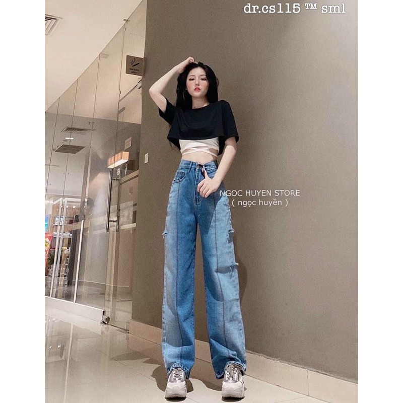 Quần baggy jeans suông phối màu