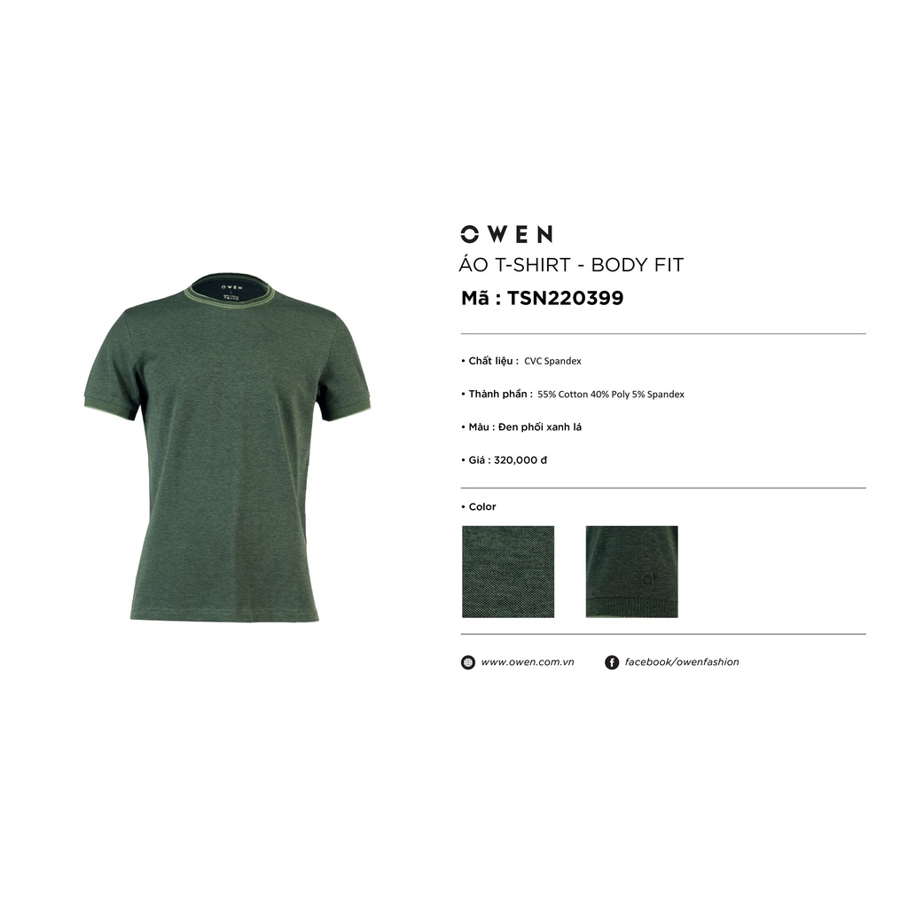 Áo Thun Nam Ngắn Tay Cổ Tròn Owen TSN220399 Phông T-Shirt Màu Đen Phối Xanh Lá Vải Cotton Cao Cấp Mềm Mát Dáng Body Fit