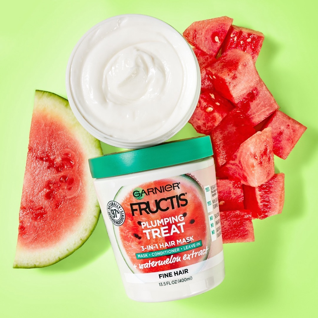 Kem ủ, xả và dưỡng tóc đa công dụng Mặt nạ tóc 1 phút Garnier Fructis one minute Hair Mask 400ml Bơ Đu đủ Dưa hấu của Mỹ