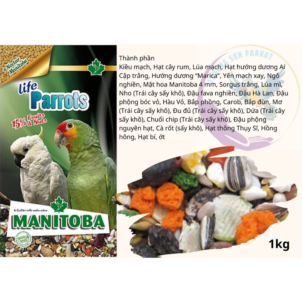 Hạt trộn hoàn chỉnh LIFE PARROTS manitoba gói nguyên 2kg dùng cho vẹt amazon, cookato và các dòng cùng size
