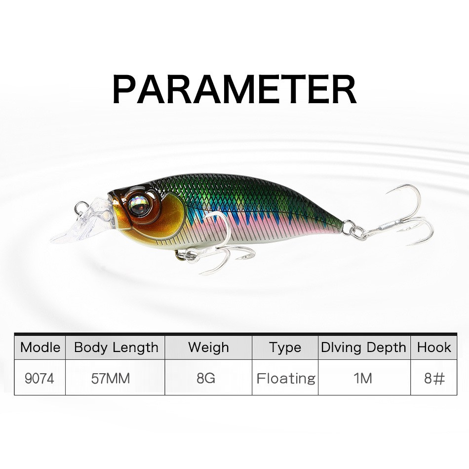 Crankbait Câu cá biển nông Mồi câu với 8 # Móc câu 57mm / 8g Mồi câu cá nước mặn nổi Minnow