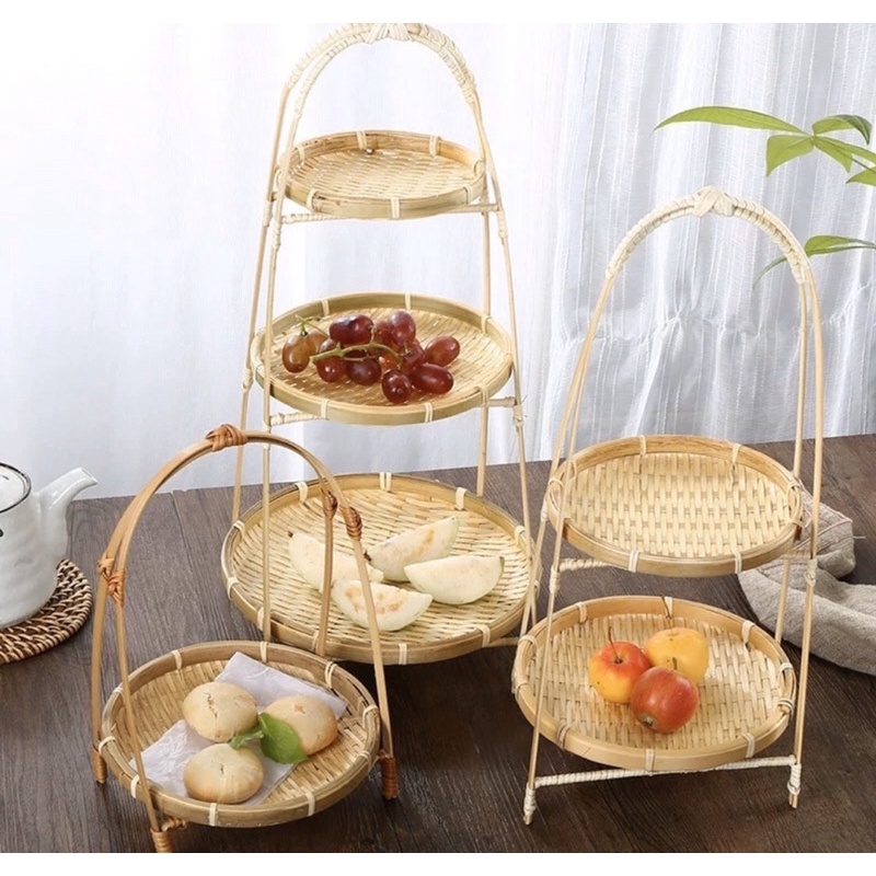 Kệ Bánh 3 Tầng Dĩa Tròn Bằng Mây Tre Lớn