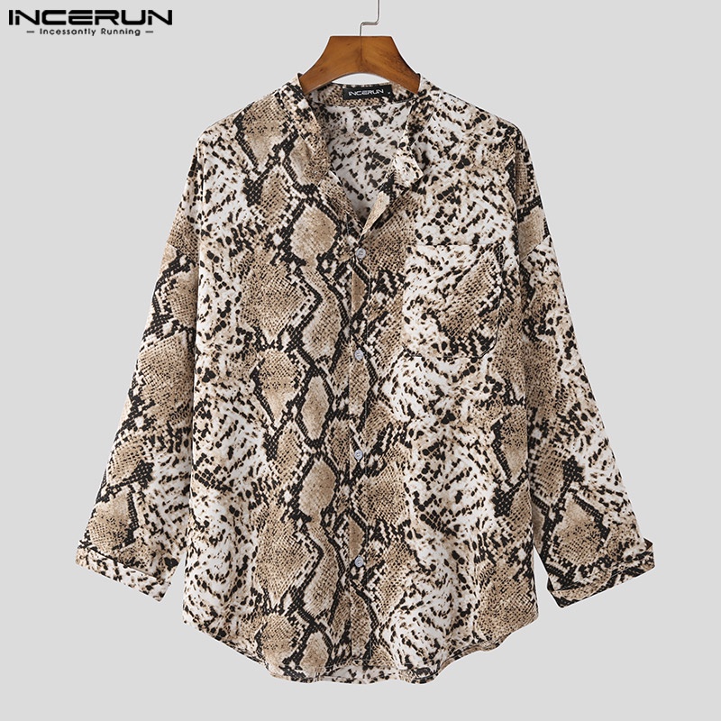 Áo sơ mi INCERUN cổ đứng tay 3/4 in họa tiết da rắn phối nút cá tính dành cho nam