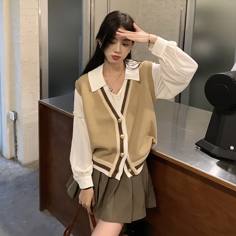 Áo khoác len không tay cổ chữ V màu sắc tương phản thời trang | BigBuy360 - bigbuy360.vn