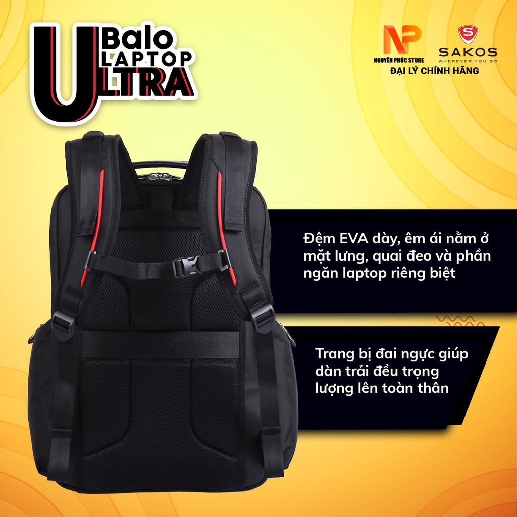 Balo laptop Sakos Ultra,chứa được laptop 17 inch,chất liệu trượt nước - bảo hành chính hãng toàn quốc