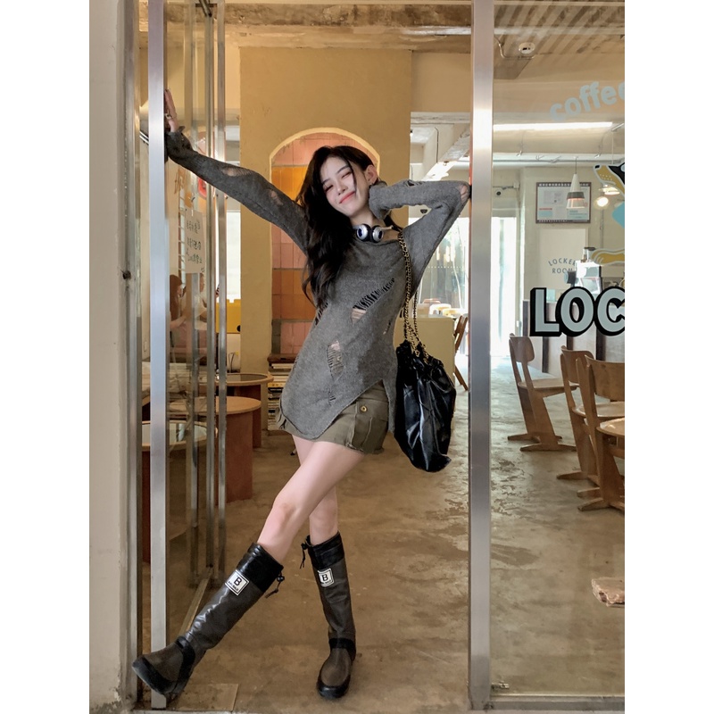 HUANG YOYO Áo Dệt Kim Tay Dài Dáng Ôm Thiết Kế Bất Đối Xứng Phong Cách Hàn Quốc Thời Trang Cho Nữ HUANG YOYO Áo Dệt Kim Tay Dài Dáng Ôm Thiết Kế Bất Đối Xứng Phong Cách Hàn Quốc Thời Trang Cho Nữ