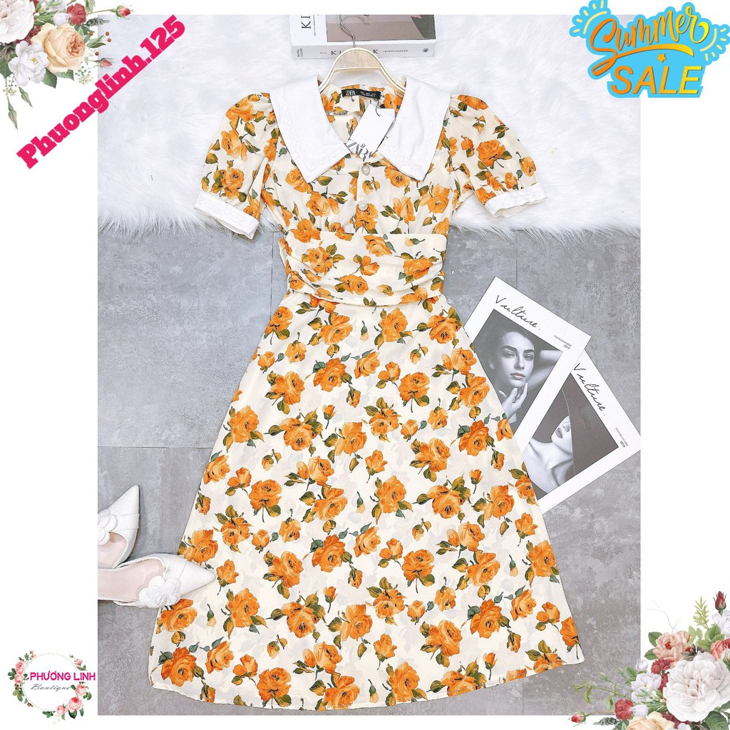 VÁY HOA VÀNG CAM PHỐI CÚC NGỌC VINTAGE | BigBuy360 - bigbuy360.vn