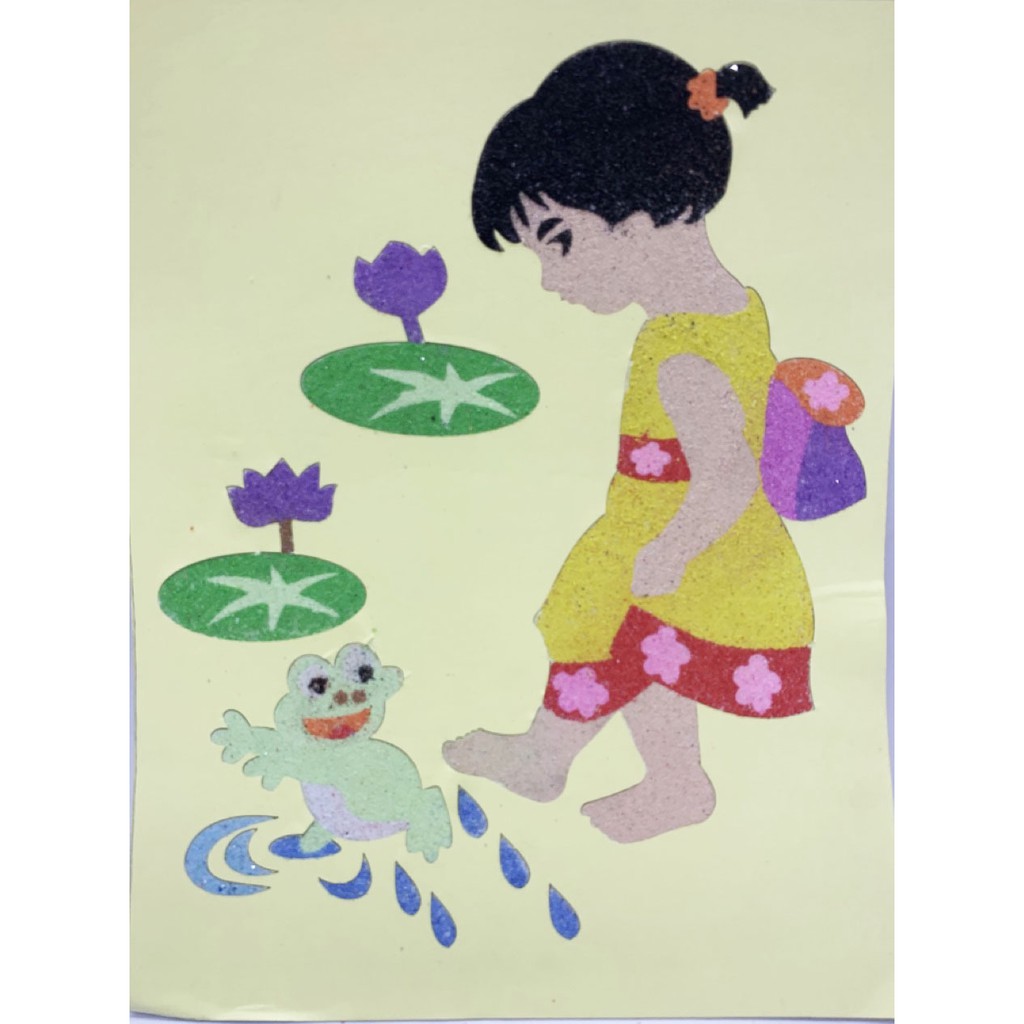 Tranh cát cho bé khổ lớn A4, kích thước: 22x25cm, khách hàng chọn mẫu theo hình: châu chấu, bé cỡi cá chép, cô bé và ếch