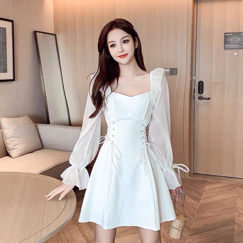 Váy trắng tiểu thư dự tiệc chụp ảnh kỷ yếu siêu xinh-Hàng cao cấp loại 1-váy trắng cổ vuông đan eo phong cách hàn quốc