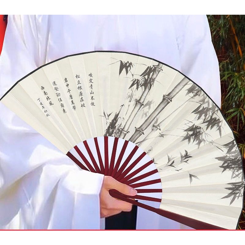 Quạt cổ trang cầm tay bản to dài 33cm cán màu nâu đỏ trầm