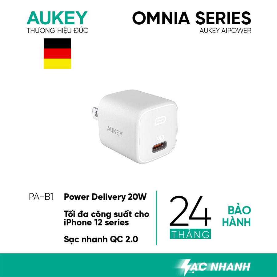 CỦ / CỐC SẠC NHANH IPHONE 12 AUKEY OMNIA OMNIA USB-C PD 20W PA-B1 (TRẮNG) HÀNG CHÍNH HÃNG